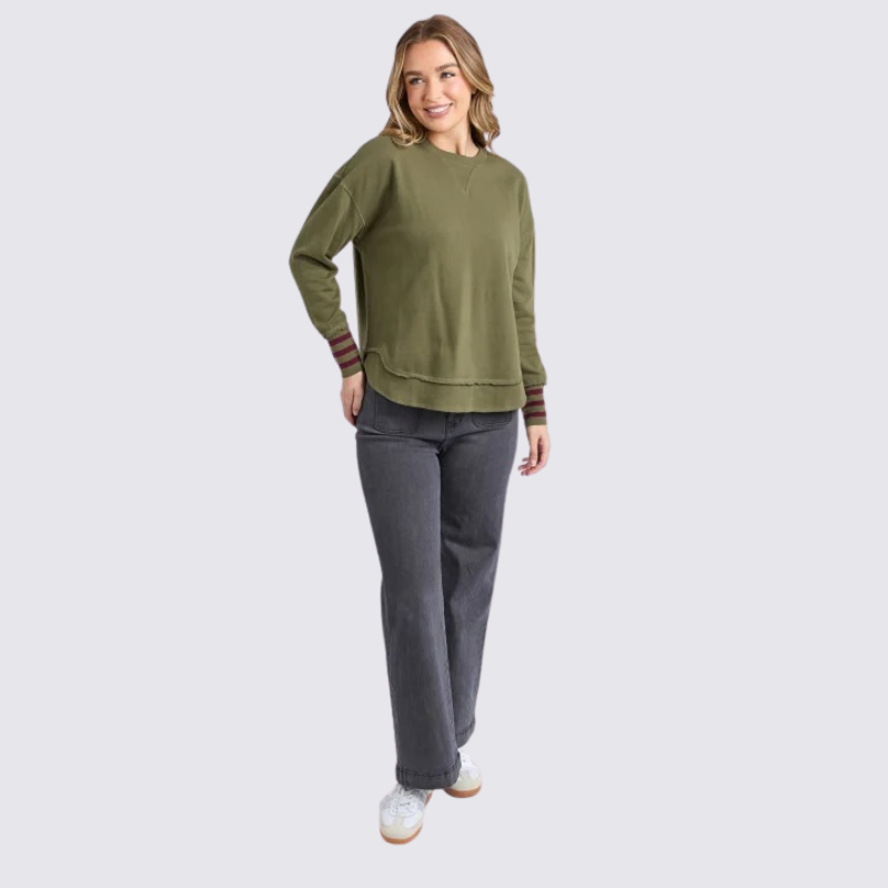 Alex Stripe Cuff Crew Moss