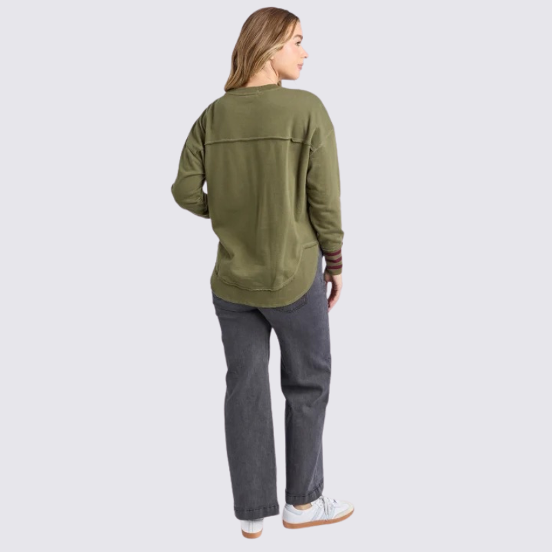 Alex Stripe Cuff Crew Moss