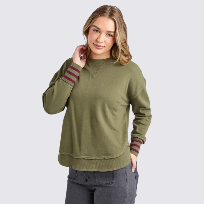 Alex Stripe Cuff Crew Moss