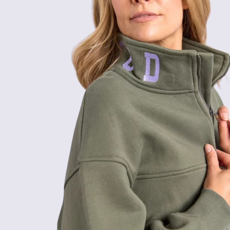 College Contrast Zip Crew Khaki With Lilac