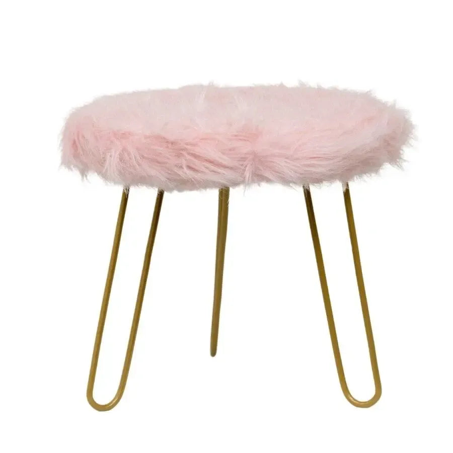 3-Golden Legged 30cm Stool w/ Pink Faux Fur