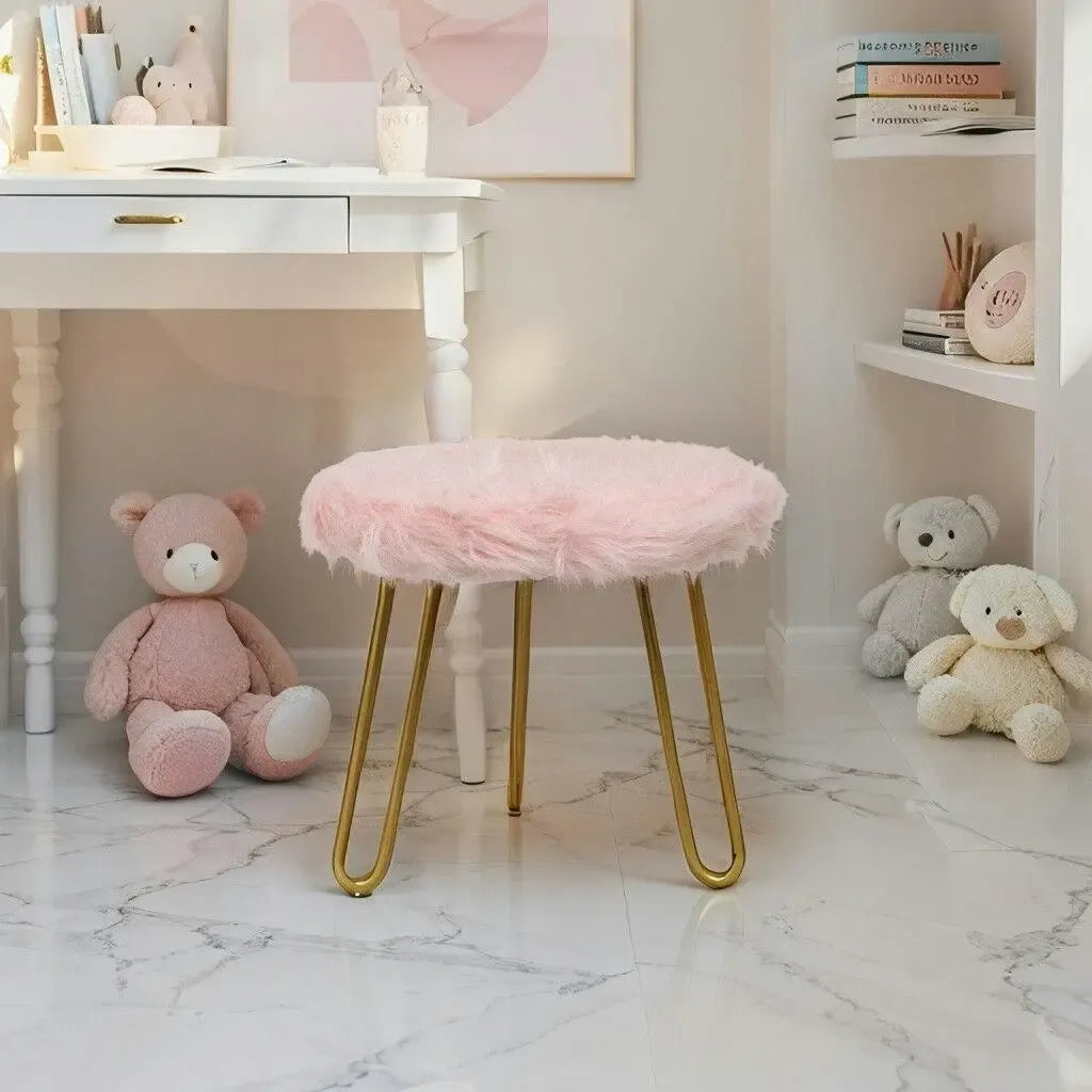 3-Golden Legged 30cm Stool w/ Pink Faux Fur