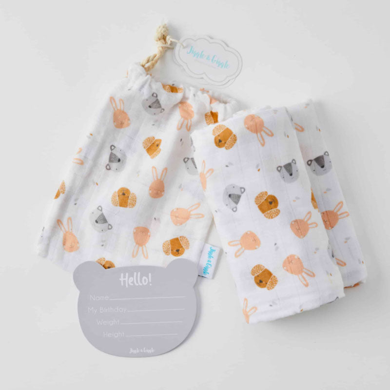 Animal Faces Muslin Wrap & Arrival Card