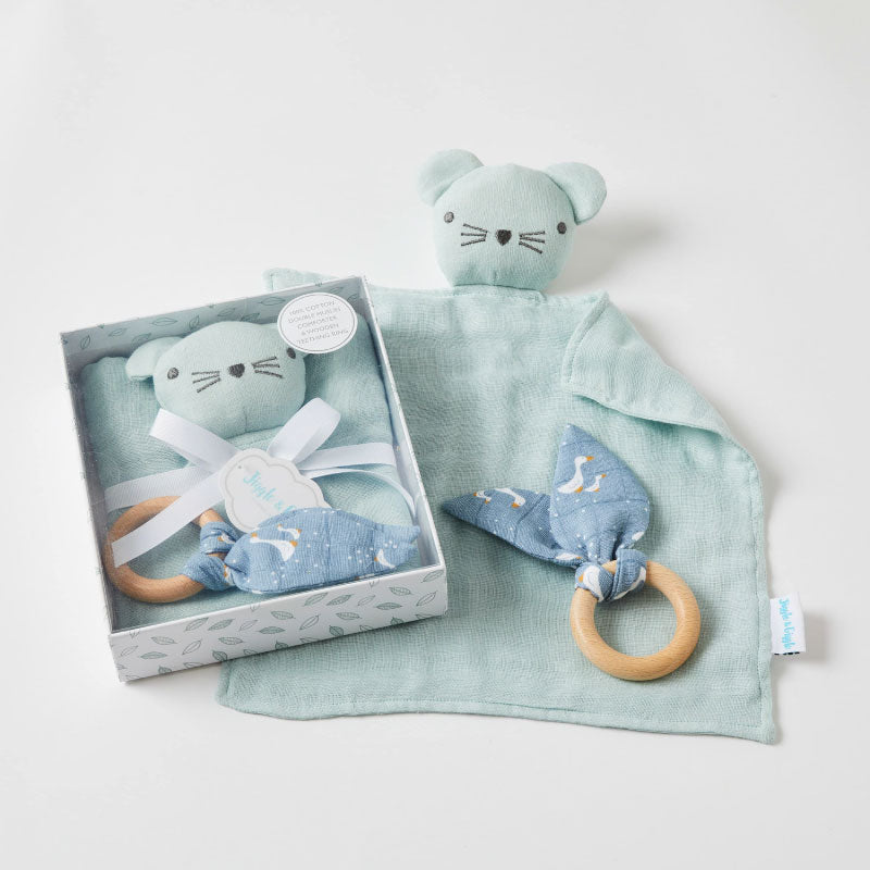 Misty Blue Double Muslin Comforter With Teething Ring
