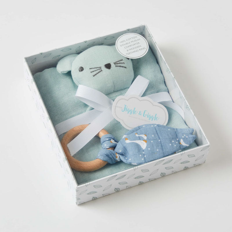 Misty Blue Double Muslin Comforter With Teething Ring