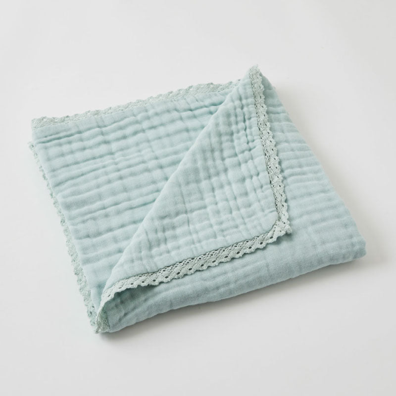 Misty Blue Muslin Baby Blanket With Lace Trim