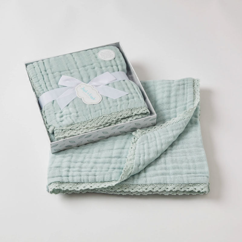 Misty Blue Muslin Baby Blanket With Lace Trim